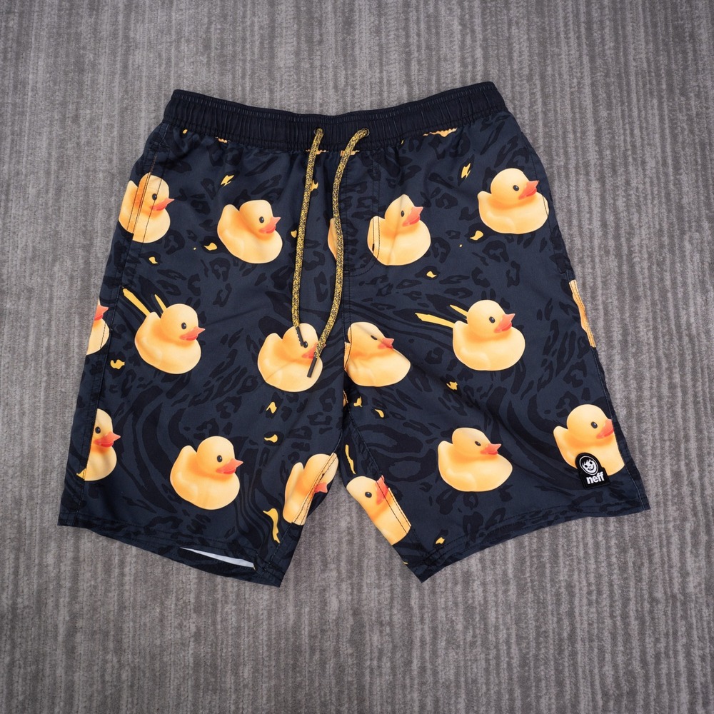 Neff Swim Trunks Mens Small Black Rubber Duck Leopard Print Board Shorts EX
